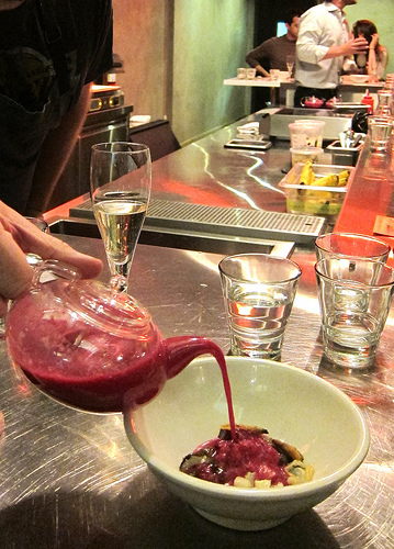 pouring the chowder-borscht