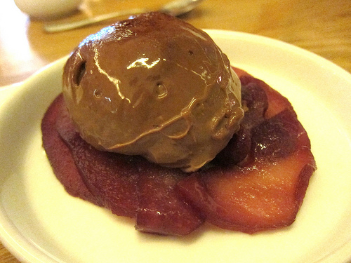 wine poached pears and hazelnut gelato