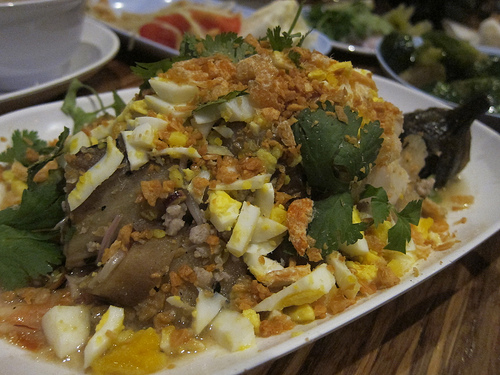 eggplant, shrimp, egg