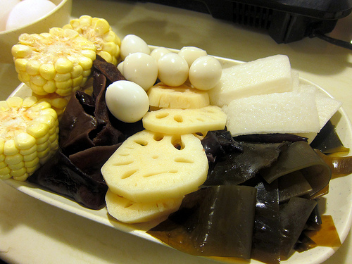 corn, wood ear mushroom, lotus, seaweed, daikon, quail eggs