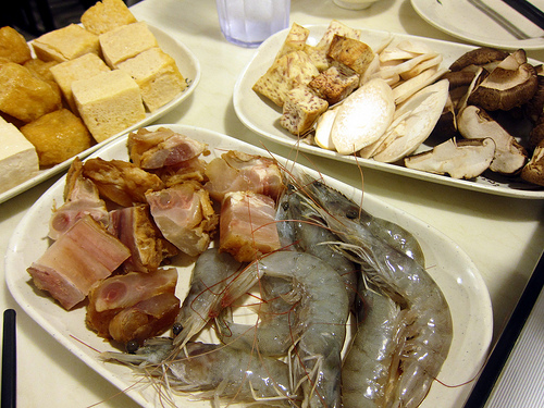 tofu, tendon, shrimp, mushrooms