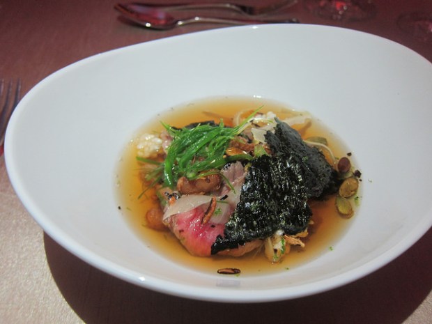 beef with pole beans and puffed rice, onion broth