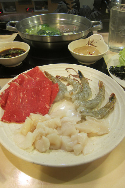 beef, shrimp and scallops