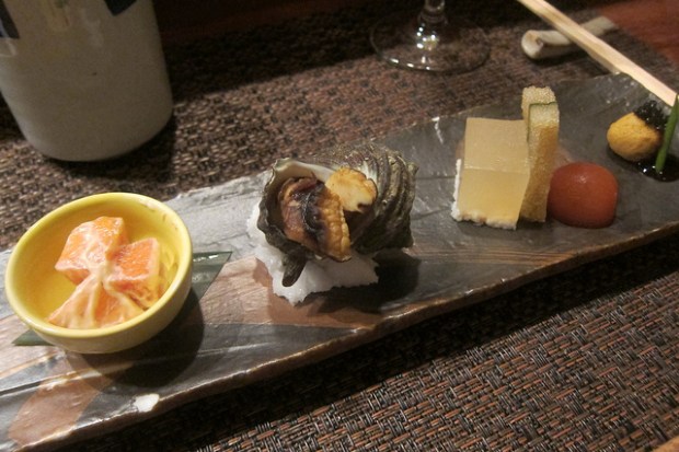 persimmon with tofu dressing, baby conch, fish jelly, dashi tomato, monkfish liver with caviar