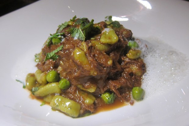 herb cavatelli with lamb ragout and goat cheese foam