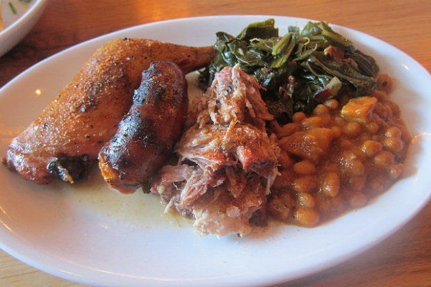 BBQ combo - smoked chicken, sausage, pulled pork, greens and beans