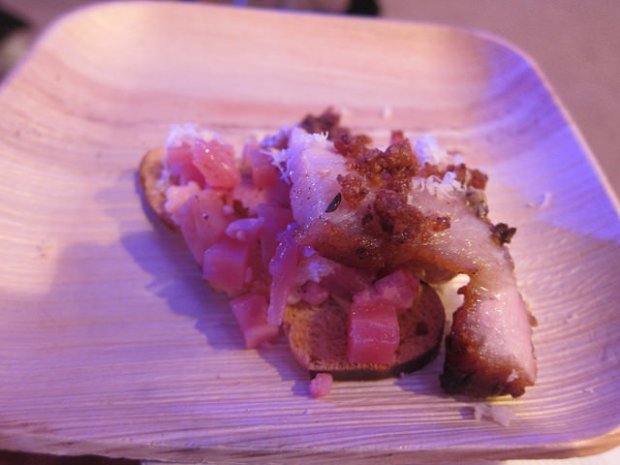 braised pork belly crostini, pickled vegetables, fresh horseradish from Bierbiesl Imbiss