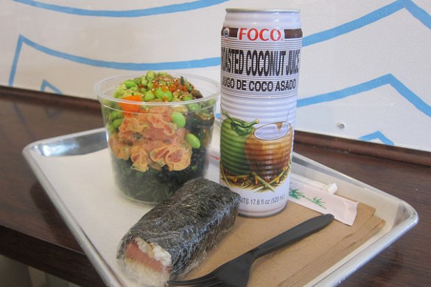 Big Poke, spam musubi and coconut water