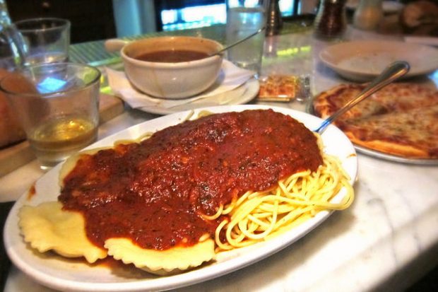 ravioli and spaghetti with sausage 