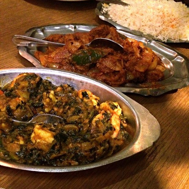 shrimp saag  and lamb bhuna
