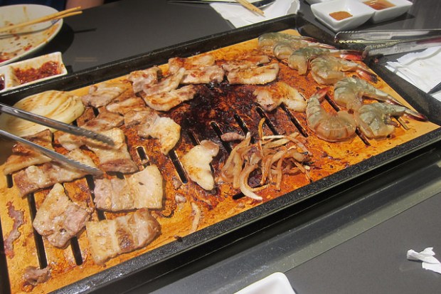 grilling pork belly and shrimp